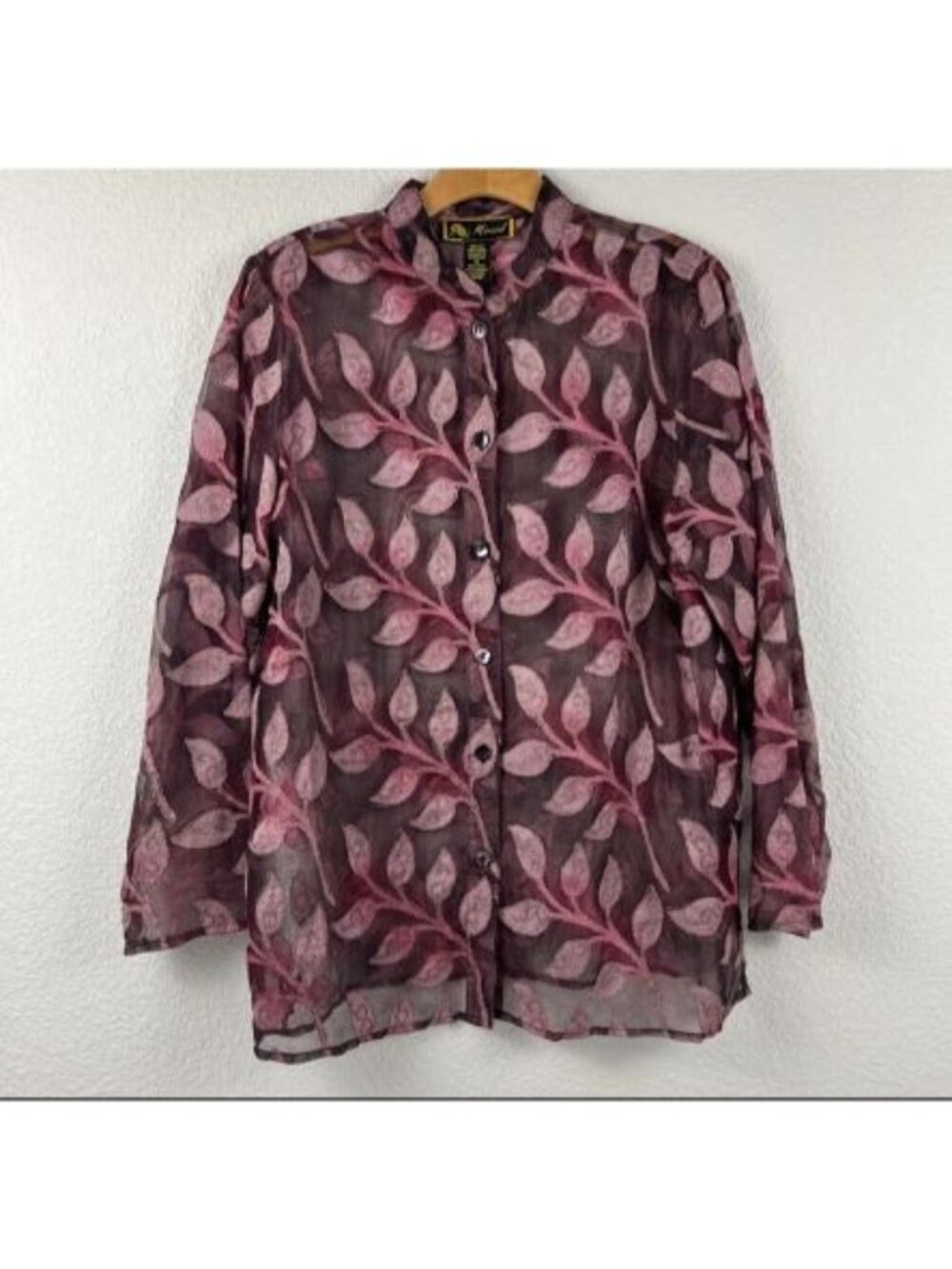Mirasol 100% Silk Blouse Sz L Long Sleeve Sheer Leaf Design Maroon Mandarin